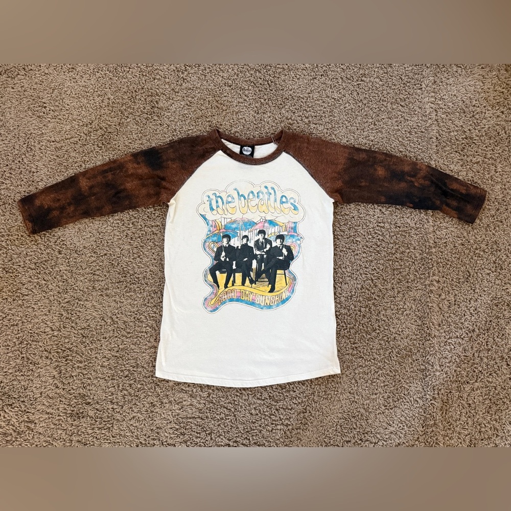 The Beatles Raglan Tee - White with Brown Sleeves
